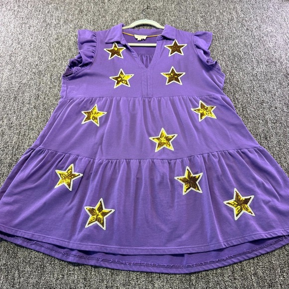 Umgee Dresses & Skirts - Umgee Mini Dress Womens 1XL Purple Gold Sequin Star Cotton V-Neck Ruffle Sleeve